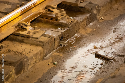 New York subway. A mouse emerging from a drainage hole on a wet subway track, depicting urban wildlife and life in unexpected places. photo