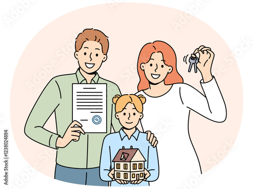 Happy family parents and daughters are holding keys and model of house urging them to take out mortgage from bank. Positive spouses became owners of own real estate thanks to profitable mortgage loan