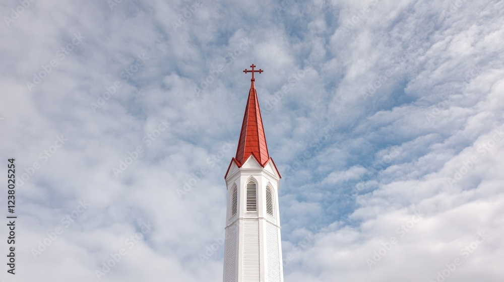 Church steeple, red roof, cloudy sky, peaceful scene, religious faith Church steeple, red roof, cloudy sky, peaceful scene, religious faith