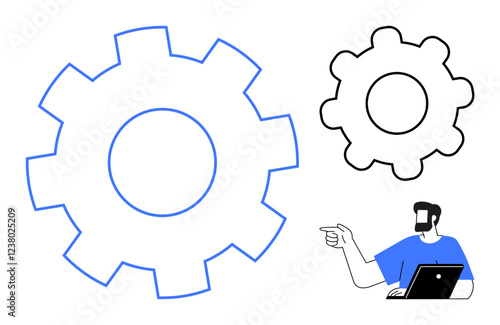 Man with laptop pointing at two gears in varying sizes, highlighting the theme of collaboration, planning, problem-solving, teamwork, innovation, workflow, and mechanics. Ideal for business process