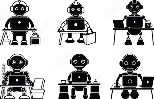 Creative robot sitting at a desk with a laptop vector illustration set, robot sitting at a desk with working a laptop silhouette vector art, robot sitting at a desk with a laptop line art vector