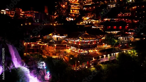 Furong Town, China, Night lights, Water fall