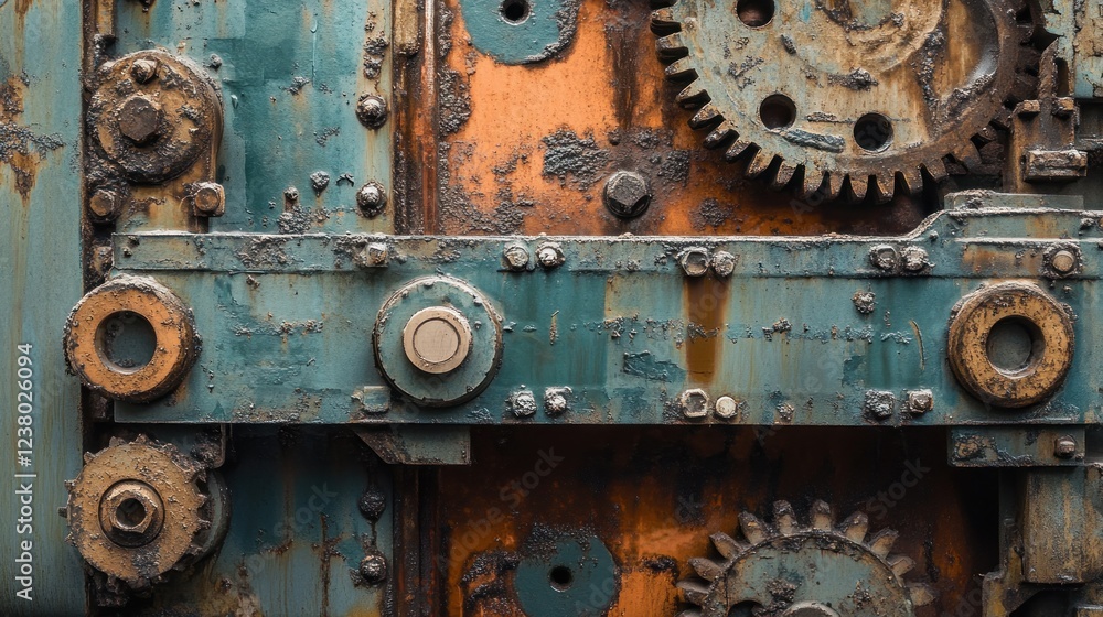 Close-up of rusted gears and machinery with a weathered surface. Close-up of rusted gears and machinery with a weathered surface.