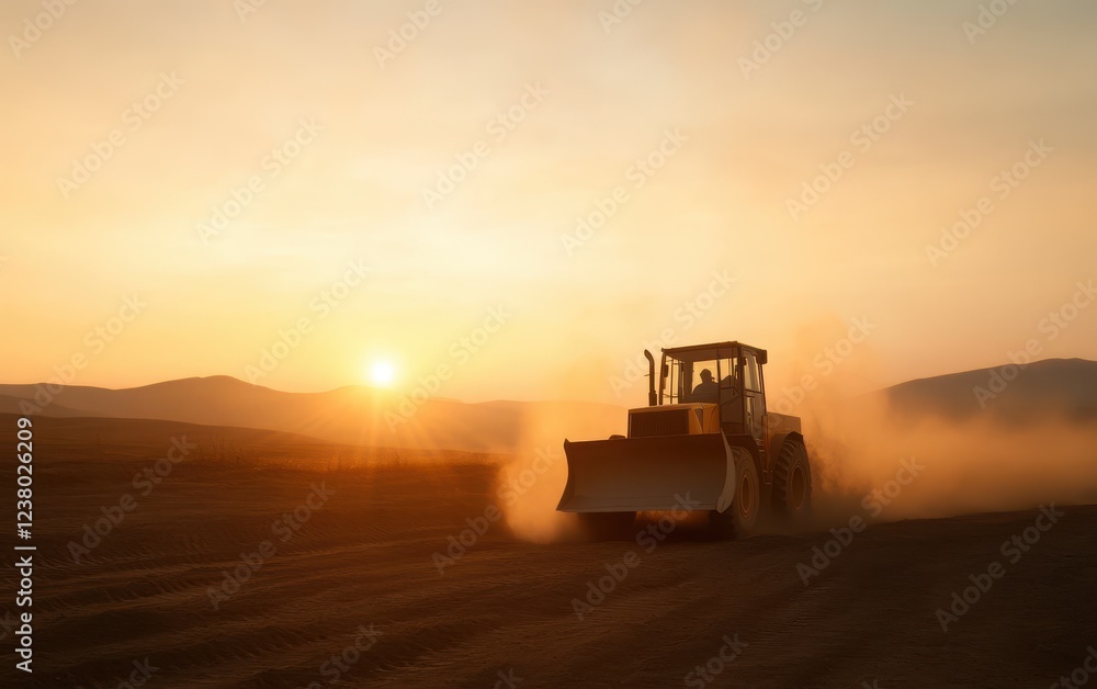 Fototapeta premium A bulldozer plowing through dry desert terrain, sending up plumes of dust in a dramatic, high-speed moment. 