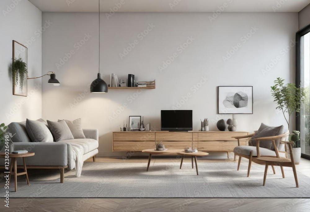 Fototapeta premium Minimalist living room interior with Scandinavian design furniture, simplicity, modern