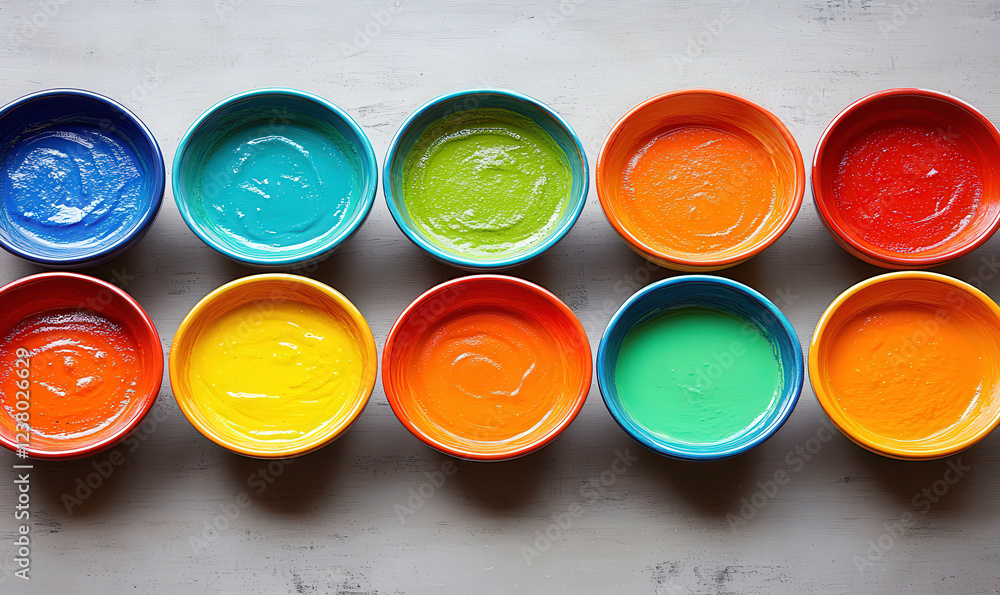 Vibrant Palette of Paint Bowls Arranged in a Row Showcasing an Array of Bright Colors Perfect for Creative Projects and Artistic Designs Vibrant Palette of Paint Bowls Arranged in a Row Showcasing an Array of Bright Colors Perfect for Creative Projects and Artistic Designs
