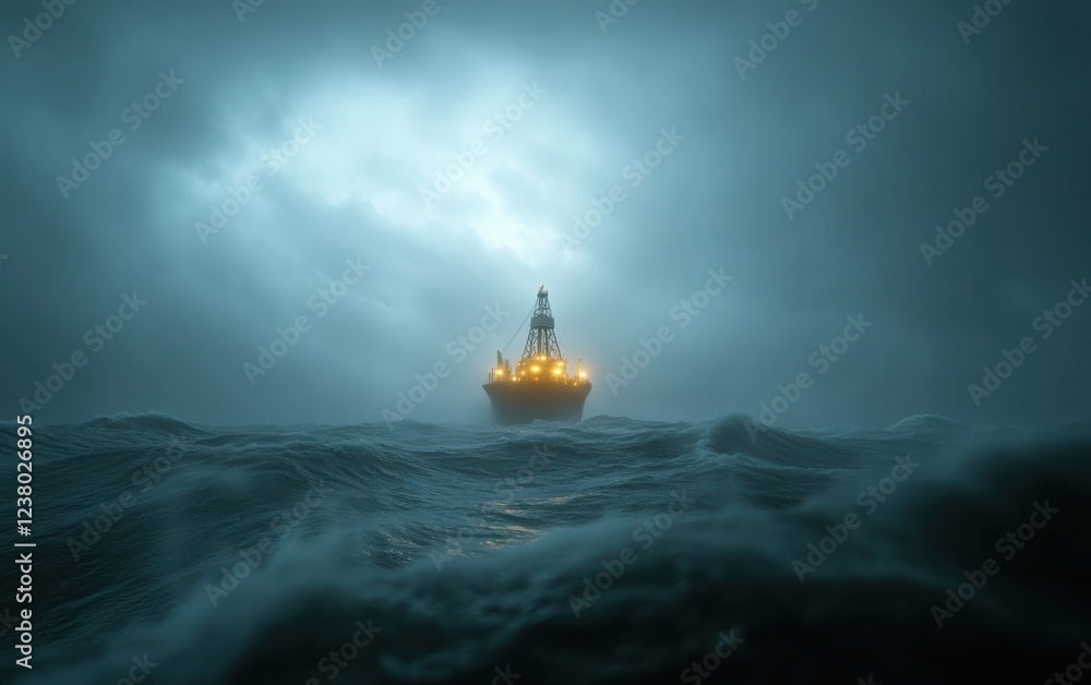 Obraz premium A solitary oil platform amidst a stormy sea with dark clouds and high waves. The platform stands resilient against the crashing waves, its lights piercing through the misty atmosphere. 