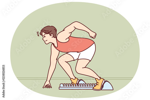 Man sprinter prepares for race standing in starting position in sports stadium. Sprinter athlete participates in running tournament competing with rivals in speed of overcoming distance