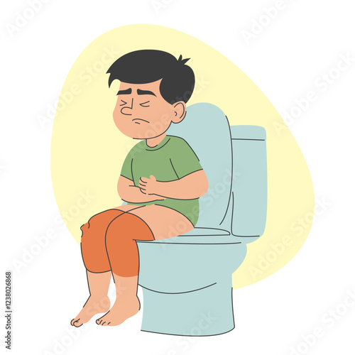 Boy sitting on toilet and suffering from diarrhea vector isolated. Pain in belly. Child with abdominal pain. Stomach ache. Character with constipation.