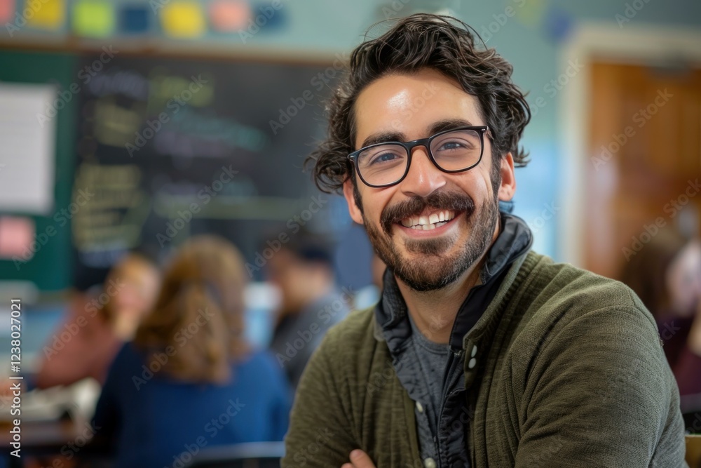 Fototapeta premium Portrait of a smiling male teacher standing in a classroom with students working in the background