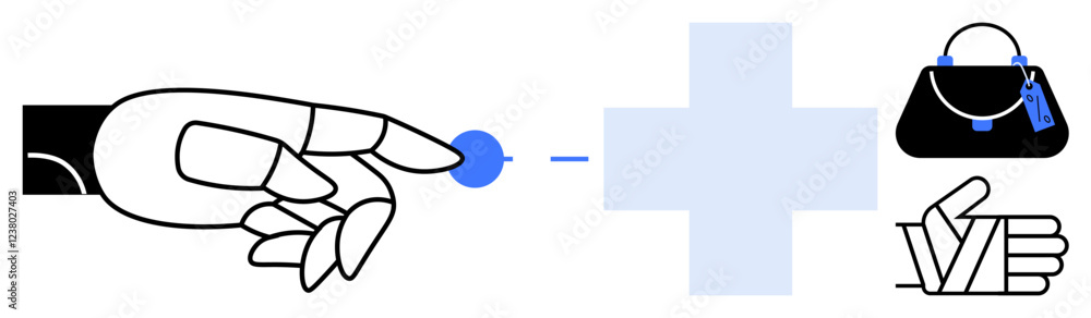 Vector art hand reaching for blue dot beside blue plus sign, linked to black purse and thumbs up gesture. Ideal for user interaction, approval, shopping experiences, positive feedback, e-commerce Vector art hand reaching for blue dot beside blue plus sign, linked to black purse and thumbs up gesture. Ideal for user interaction, approval, shopping experiences, positive feedback, e-commerce