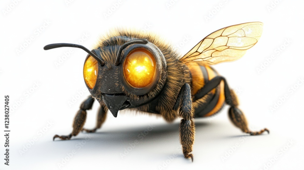 Fototapeta premium 3D-rendered adorable bee character with glowing golden eyes, isolated on white