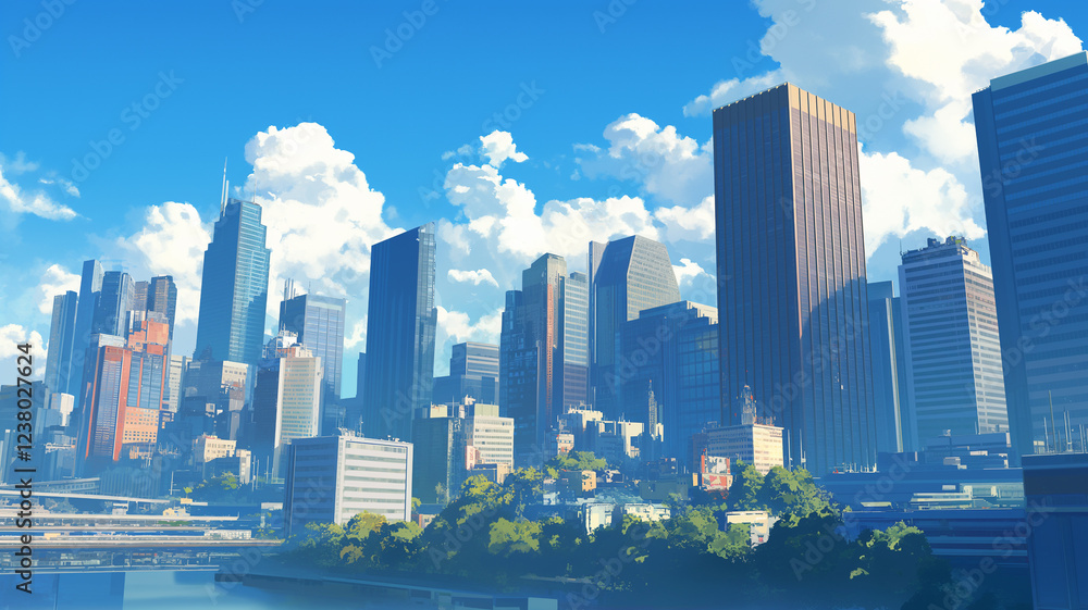 Fototapeta premium 都市の朝|澄み渡る青空と輝く街並み