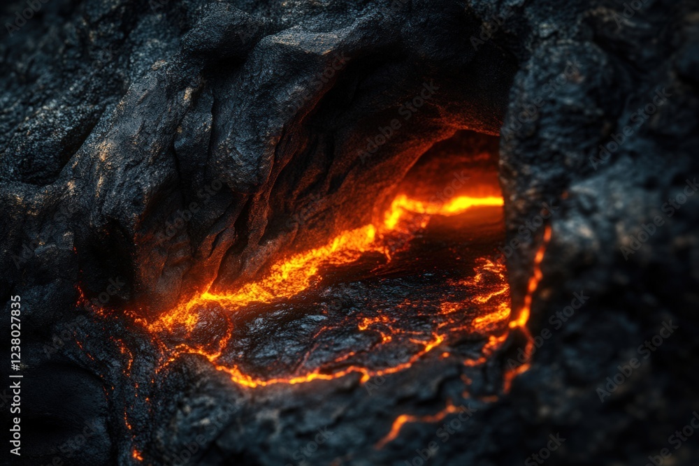 Molten lava flowing through dark rocky landscape at night Molten lava flowing through dark rocky landscape at night