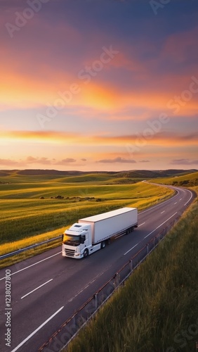 White semi truck driving on highway at sunset