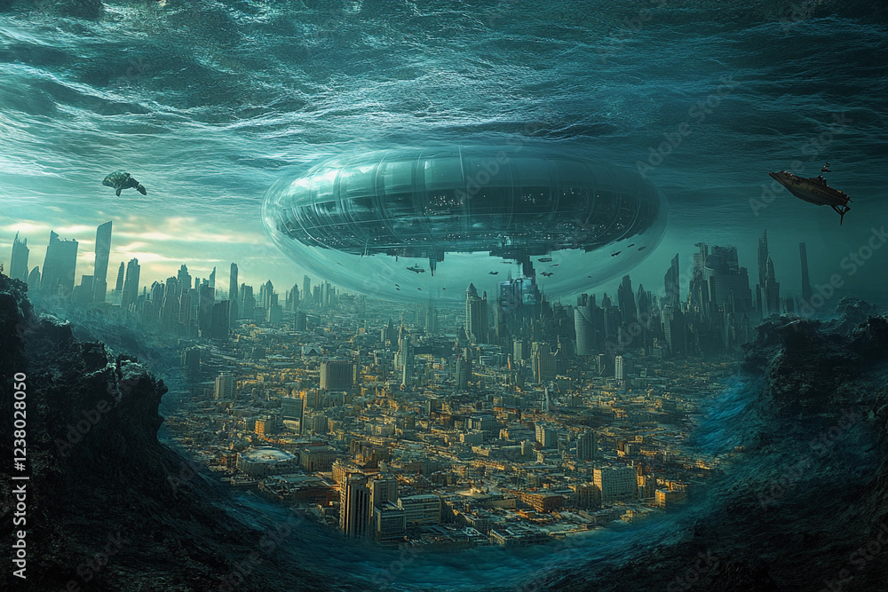Underwater city with stunning architecture and marine life in a serene ocean setting Underwater city with stunning architecture and marine life in a serene ocean setting