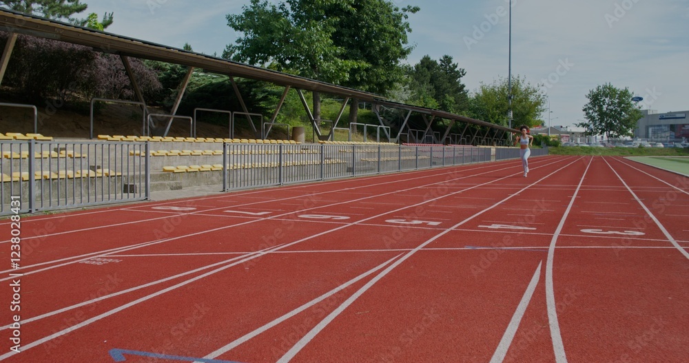 Obraz premium A woman in sports clothes and with earbuds in her ears runs at speed at the city stadium on a summer day