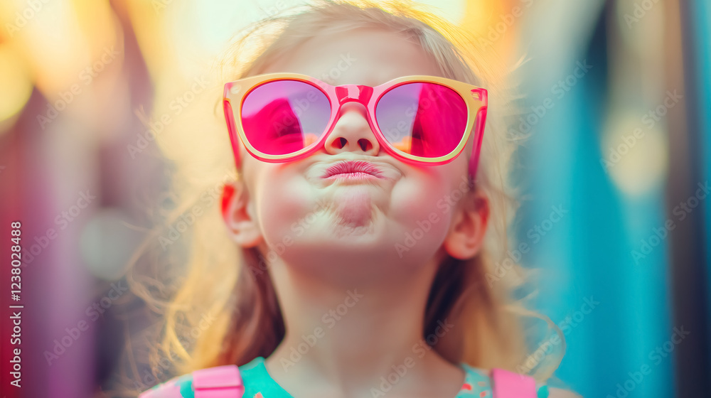 A cute girl in sunglasses making a silly face.