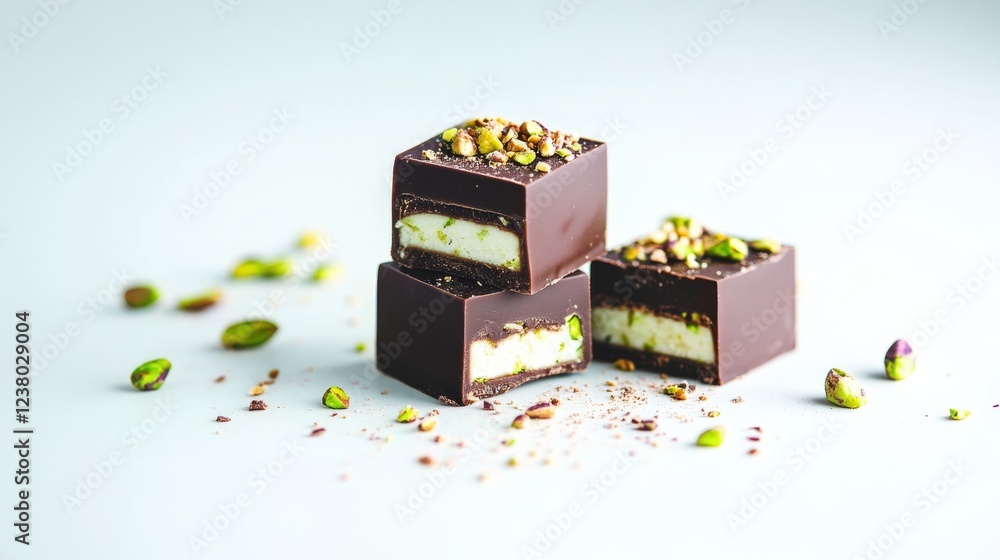 Obraz premium Dubai chocolate with pistachio paste and pistachios on white background