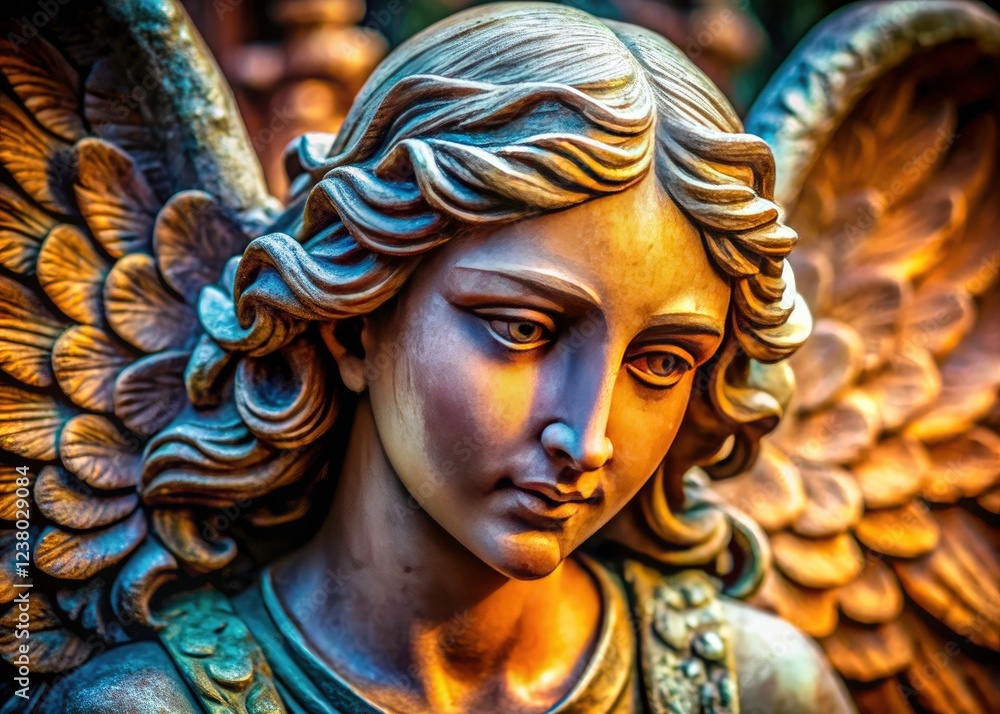 Obraz premium Macro photography unveils the exquisite detail of a religious angel sculpture's wings, showcasing artistic stonework.