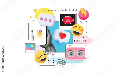 Contemporary halftone collage. App development concept with UI UX elements collage for web banner op poster. Can be used as Header or social media post. Vector illustration