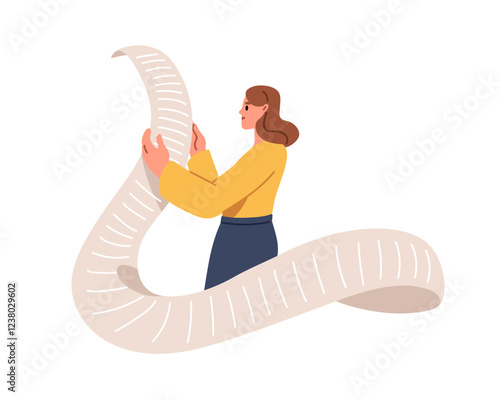 Woman with long paper document, financial bill. Female holding big receipt with expenses. Large cheque scroll, shopping list in hands. Concept flat vector illustration isolated on white background