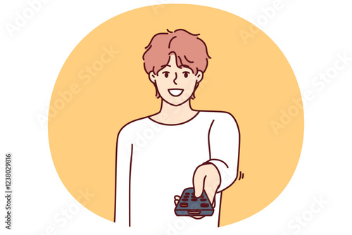 Man holds television remote control switches cable TV channels and smile, choosing interesting show for evening viewing. Happy guy pointing remote at screen wanting to turn off TV box
