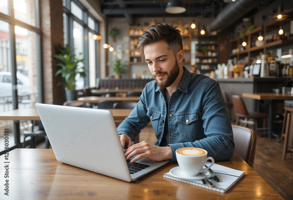 Young man working on laptop in a cozy cafe during the afternoon Young man working on laptop in a cozy cafe during the afternoon