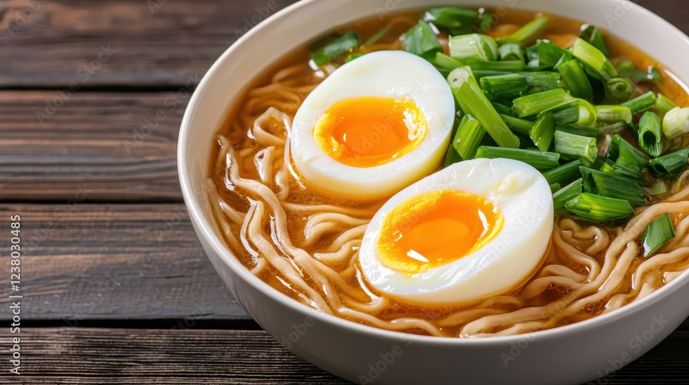 Chef's experimental recipe concept. A steaming bowl of ramen noodles topped with soft-boiled eggs and fresh green onions on a rustic wooden table. Chef's experimental recipe concept. A steaming bowl of ramen noodles topped with soft-boiled eggs and fresh green onions on a rustic wooden table.