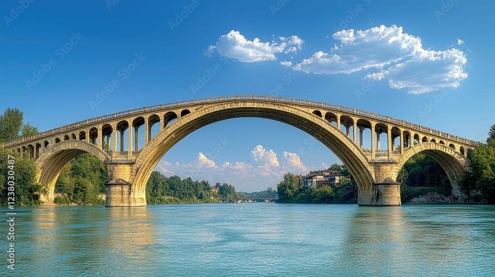 Fototapeta premium Majestic Stone Arch Bridge over the Calm River under a Blue Sky. A picturesque landscape, perfect for travel and tourism. Scenic view of nature's beauty.