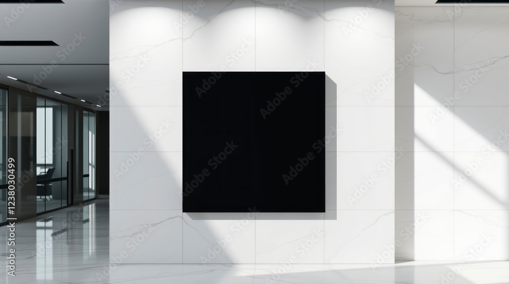 Modern Minimalist Black Square on Marble Wall in Sunlit Office Modern Minimalist Black Square on Marble Wall in Sunlit Office