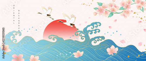 Luxury gold oriental background vector. Chinese and Japanese wallpaper pattern design of elegant crane birds and sea wave with gold line texture. Design illustration for decoration, wall decor.