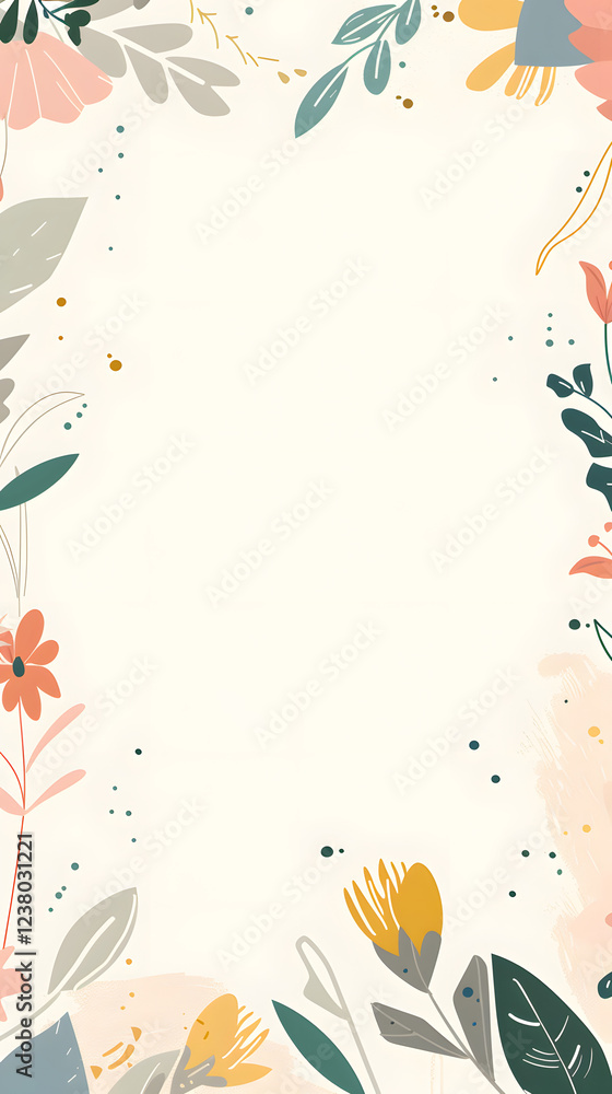 Minimalistic pastel floral vector border with soft, light colors surrounding a blank central space for text. Ideal for invitations, greeting cards, or seasonal designs Minimalistic pastel floral vector border with soft, light colors surrounding a blank central space for text. Ideal for invitations, greeting cards, or seasonal designs