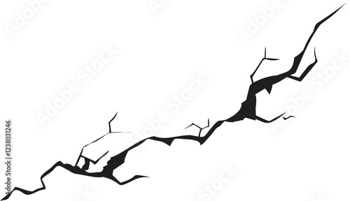 Damage surface crack and fissure in ground, concrete, crevices from disaster silhouette breaks on land surface from earthquake isolated on white background. Broken ground, wall, glass pattern effect. 