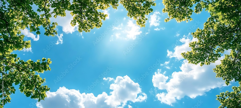 Empty blue sky, fluffy clouds in the foreground and green tree branches. high resolution AI Generative image Empty blue sky, fluffy clouds in the foreground and green tree branches. high resolution AI Generative image