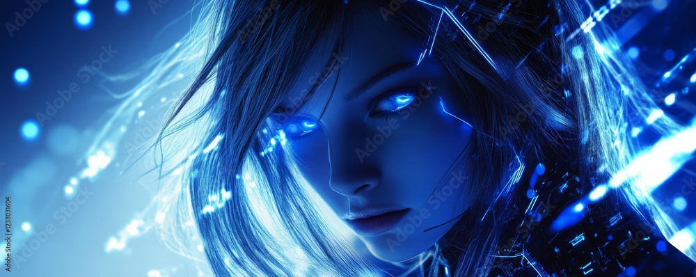 Futuristic portrait of woman with digital effects and blue lights Futuristic portrait of woman with digital effects and blue lights