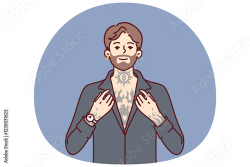 Hipster man with tattoos on body and beard on face poses in clothes for going to club or party. Hipster guy with earring in ear is dressed in black shirt for concept of gangster male look