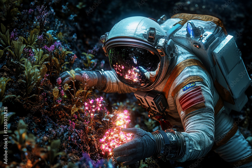 Obraz premium Astronaut interacts with glowing plants in a vibrant alien forest at night