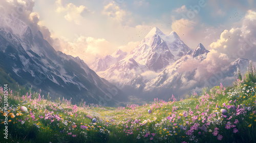 A serene mountain landscape with soft pastel clouds hovering over snowy peaks, leading down to a valley dotted with wildflowers and subtly placed Easter eggs