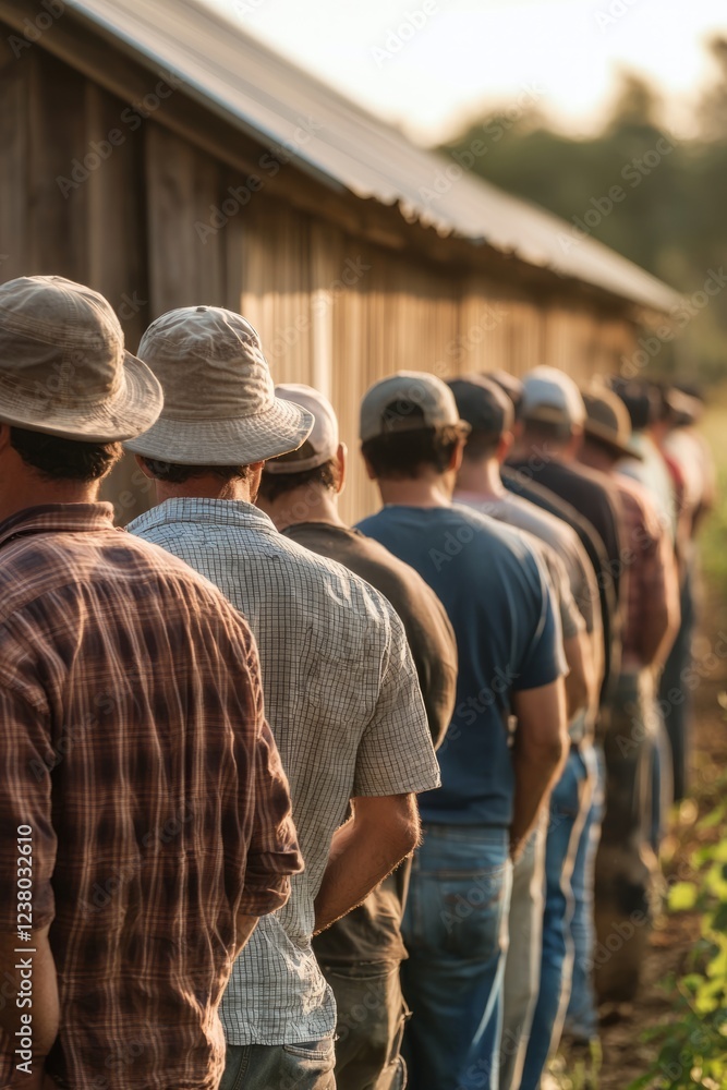 A group of farmworkers lined up near a shed to receive their wages from the supervisor, Generative AI A group of farmworkers lined up near a shed to receive their wages from the supervisor, Generative AI