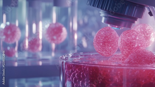 Stem cells cultivated in red growth medium inside culture jar with detailed microscope image of cell structure in the background, biotechnology and medical research concept


 photo