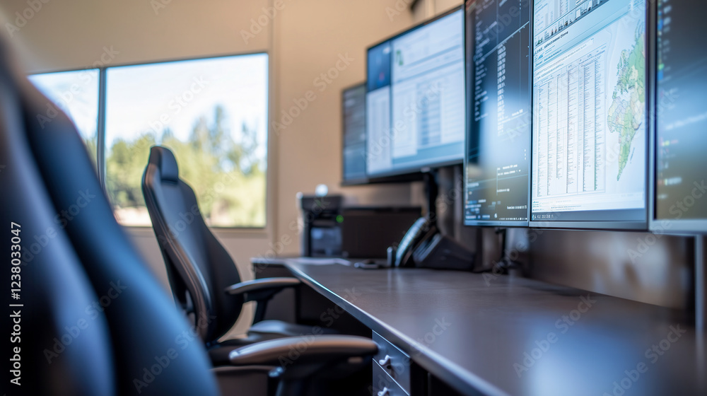 Modern Office Workspace with Multiple Computer Monitors and Chairs Modern Office Workspace with Multiple Computer Monitors and Chairs