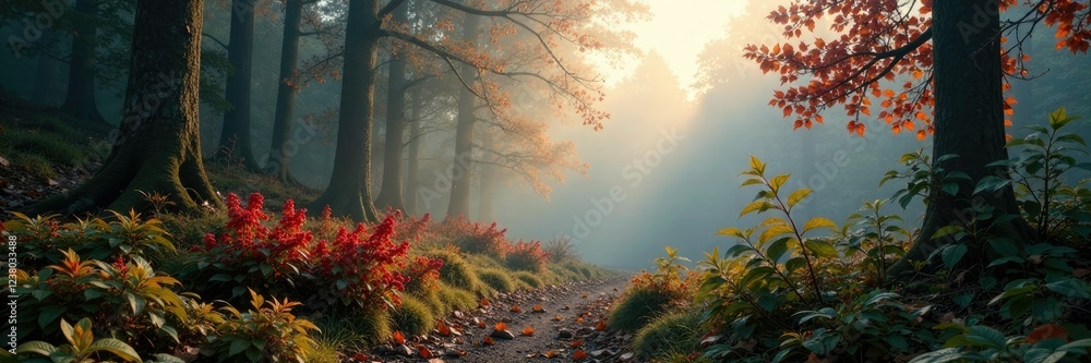 Misty morning in the woods with berry bushes and ferns, autumn, nature Misty morning in the woods with berry bushes and ferns, autumn, nature