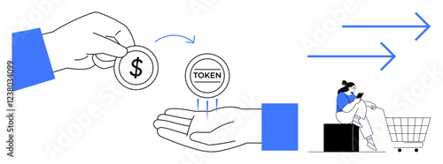 Hands exchanging dollar and token, woman using phone while sitting in a shopping cart, blue arrows indicating movement. Ideal for finance, exchange, digital currency, shopping, growth, future