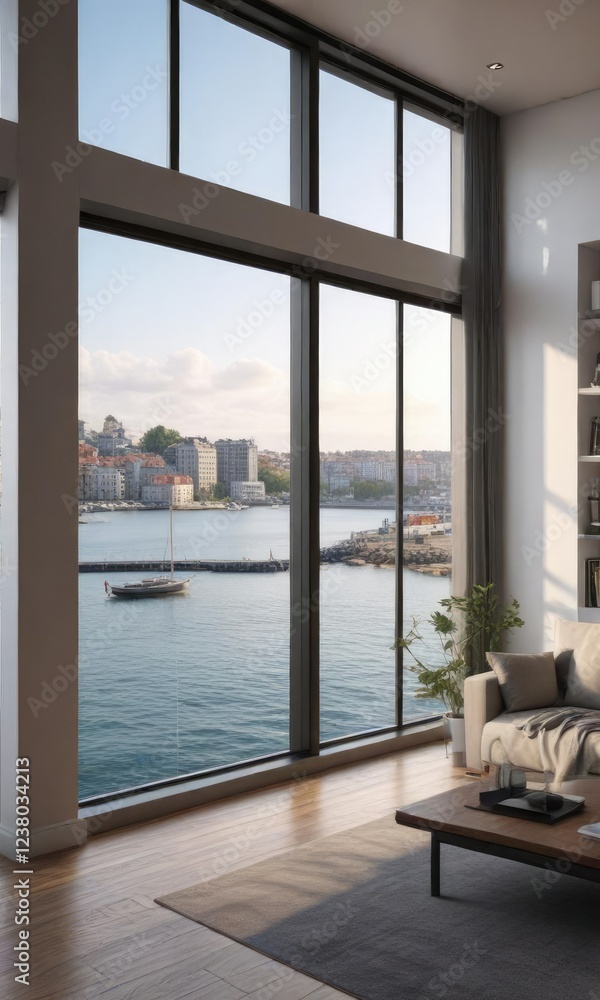 Fototapeta premium Modern apartment with large window overlooking the harbor, waterfront living, cruise liner, luxury apartment