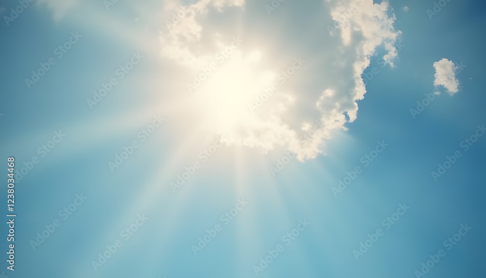Bright sun shining through fluffy clouds in clear blue sky copy space
Bright sun shining through fluffy clouds in clear blue sky copy space