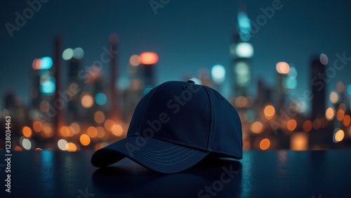 Cap Mockup on Model, City skyline at night cap display with logo. photo