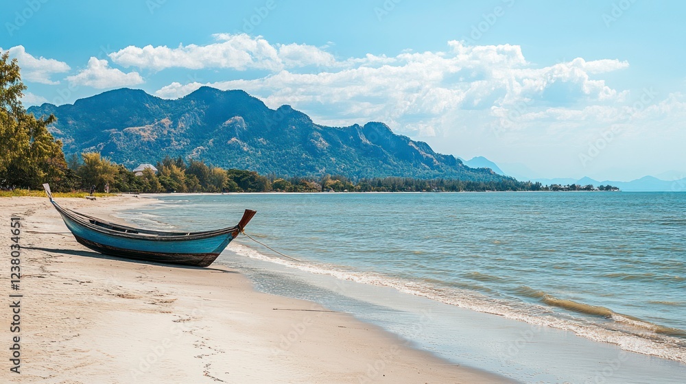 the beach with a boat and a cross on the sand, and mountains in the background. the beach with a boat and a cross on the sand, and mountains in the background.