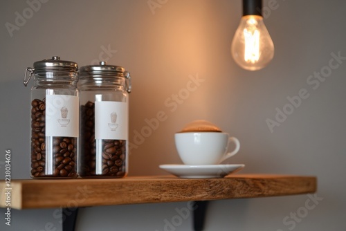 Rustic Home Barista Haven Wooden Shelf with Coffee Canisters and Edison Bulb - Cozy Cafe Corner for Lifestyle Content and Gourmet Beverage Marketing photo