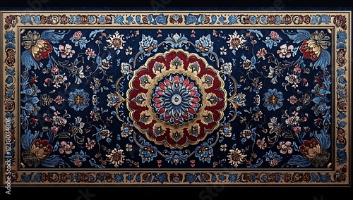 Oriental Rug with Intricate Floral Design and Large Central Medallion on Dark Background